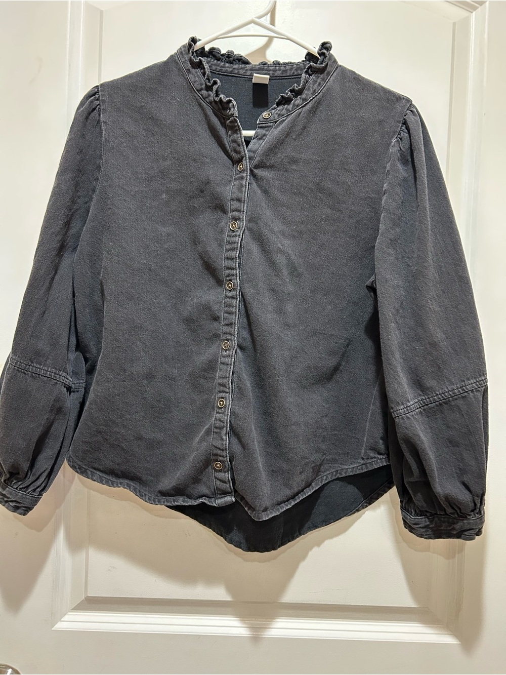Old Navy Washed Black Ruffle-Neck Button-Down Top